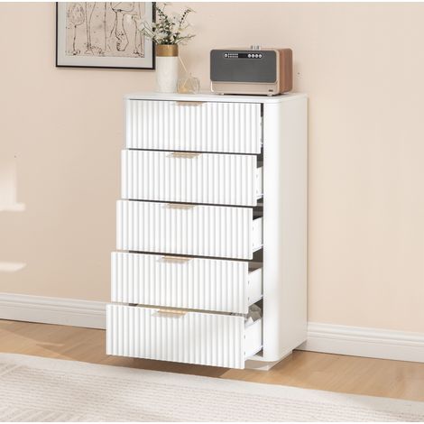 Commode 5 tiroirs 70x40x108 cm en MDF blanc, avec rangement pour chambre, FLORAGRACE (1/5)