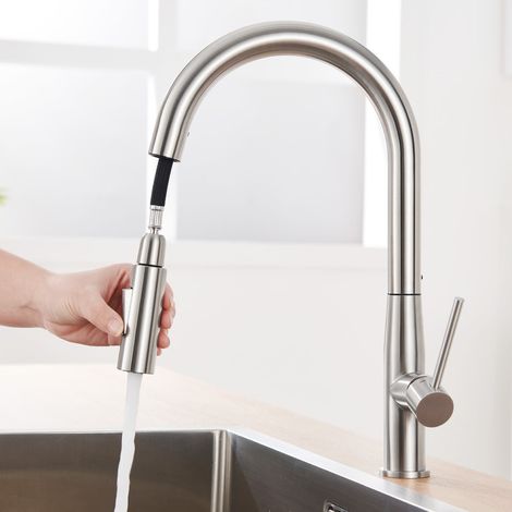 Auralum Robinet de Cuisine en Inox avec Douchette Extractible, Mitigeur Cuisine Col de cygne Rotatif à 360°, 2 Fonctions Jet (1/5)