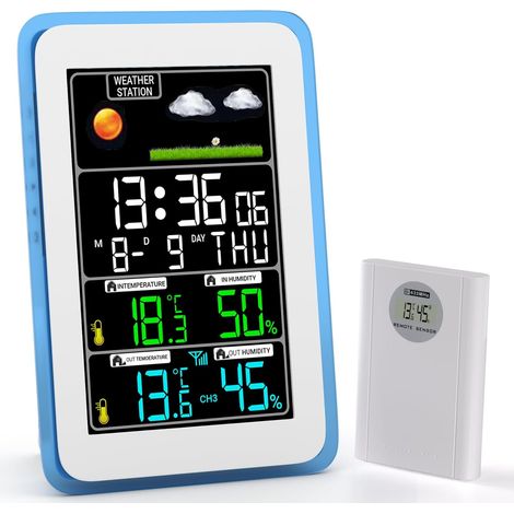 Wetterstation für Innen- und Außenbereich, Kabellose Wetterstation, Innen- und Außenthermometer, Hygrometer, Barometer mit LED-Display, Hintergrundbeleuchtung, Uhr, 10 Funktionen in einem