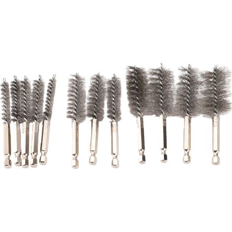 Ensemble de 12 brosses métalliques en acier inoxydable 304 pour le nettoyage, l'élimination de la rouille et le meulage, tige hexagonale de 1/4 pouce, couleur argent. (1/5)