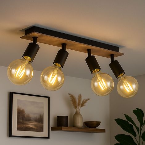 Plafoniera Faretto per soffitto Faretto per sala da pranzo Lampada per soggiorno Luce per corridoio, metallo legno marrone nero, 4 fiamme Punti mobili, L 49 cm