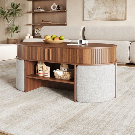 Modernluxe - Table basse ovale 120x60x51.5cm - Tabourets en tissu - 2 portes coulissantes - Panneaux de particules et MDF - Marron (1/5)