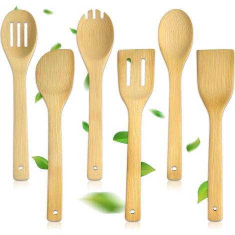 Juego de 6 utensilios de cocina de madera, espátulas y cucharas de madera de 30 cm para cocinar, mezclar y freír. (1/4)