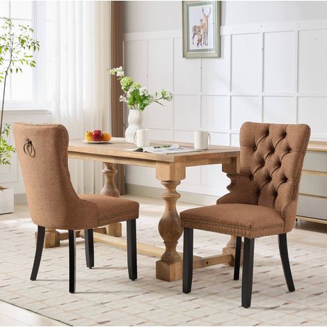 Set de 2 sillas de comedor 62x50x95 cm de lino café, patas ajustables FloraGrace (1/5)