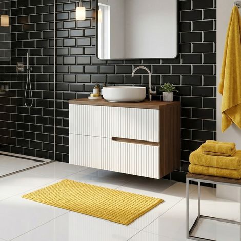 Meuble vasque à poser L.80cm suspendu Chêne Moka 2 tiroirs Blanc brillant cannelé EVA - sans colonne (1/5)
