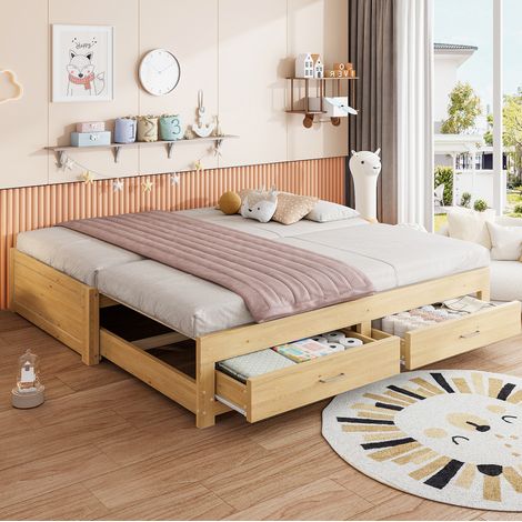 Cama infantil 90x190 cm - Cama extensible - Con somier de lamas - Con 2 cajones - En madera - Natural (1/5)