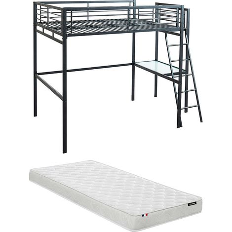 Vente-Unique – Lit mezzanine 140 x 190 cm – plateforme bureau en acier – couleur anthracite – avec matelas mousse hypoallergénique (1/5)