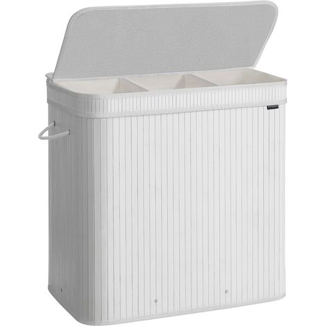 Panier à Linge Sale avec Couvercle, Corbeille Linge Sale en Bambou, Sac Intérieur Amovible et Lavable en Machine, Poignées, Volume 150 L, Buanderie, Chambre, Salon, Blanc Nuage (1/5)