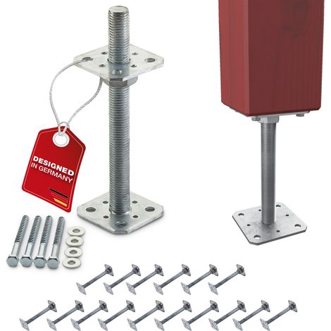 SOTECH Pfostenbeschlag Stützträger Gewinde M24 Stahl feuerverzinkt höhenverstellbar zum Aufschrauben, witterungsbeständig, 80 x 80 x 250 mm - 16 Stück