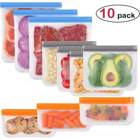 Lot de 10 sacs de congélation réutilisables en silicone, compatibles lave-vaisselle et étanches, sans BPA. (1/5)