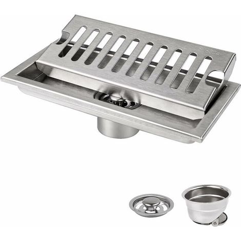Caniveau de Douche, 20 x 10 cm Siphon de Sol Rectangulaire, Argent Siphon de Sol avec Grille en Acier Inoxydable, Convient pour WC, Salle de Bain, Cuisine, Balcon (1/5)