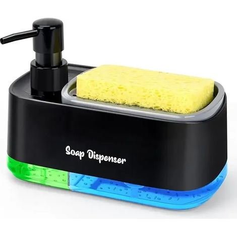 (Noir - 1 ensemble) Distributeur de savon à double pompe 3 en 1 avec boîte de rangement pour éponge, idéal pour l'évier et le plan de travail. Solution de nettoyage compacte. (1/5)