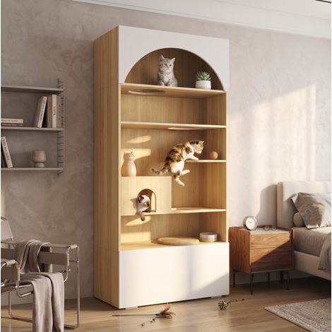 Armoire pour chat multifonction avec mur d’escalade, niche et plateformes de repos, 2 compartiments de rangement, 90 x 50 x 200 cm, blanc et bois clair, de CHICFURN (1/5)