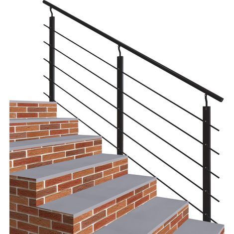 Garde-corps - Aluminium Noir - 200cm - Avec 5 traverses et 1 main courante - Intérieur et extérieur - Rampe d'escalier pose latérale (1/5)