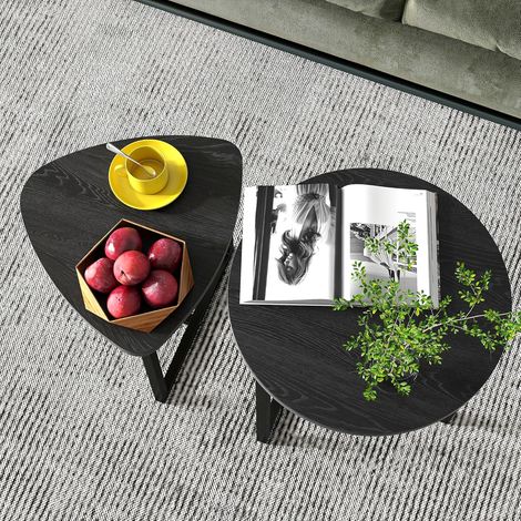 Lot de 2 tables basses rondes en bois - Table basse - Structure en métal et en forme de cœur - Design industriel - Table de salon moderne - Noir (1/5)