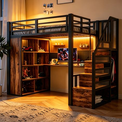 Lit mezzanine 90x200 cm en métal et bois noir avec bureau, armoire, escalier de rangement et LED (1/5)