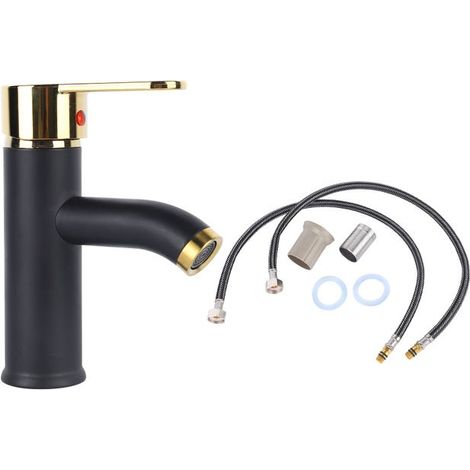 Rubinetto per lavabo da bagno, rubinetto per bagno con maniglia singola, rubinetto per lavabo in acciaio inossidabile, nero e oro (1/4)