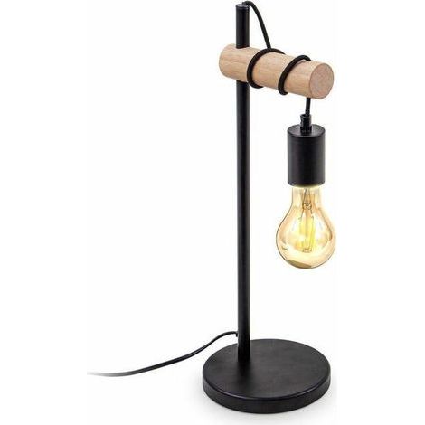 lampe de chevet design rétro industriel bois & métal éclairage salon & chamber lampe à poser douille E27 noir (1/3)