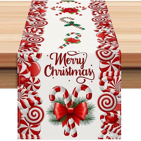 Chemin de table de Noël en lin rouge et blanc avec canne en bonbon, 183 cm de long, hiver, Noël, fêtes, style campagnard, rouge (1/5)