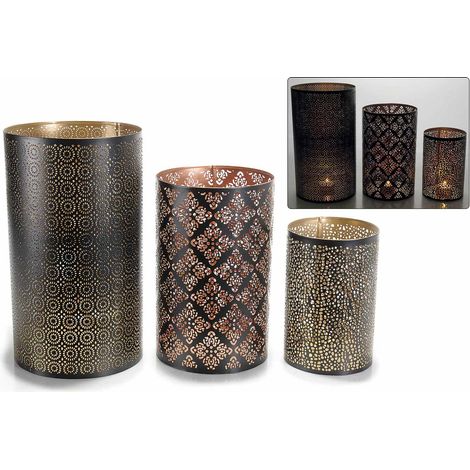 Portacandela a lanterna cilindrica in metallo intagliato con interno dorato e ramato, Grande: Ø 14,5 cm x 26 H
