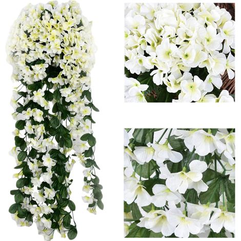 Lot de 1 lierres réaliste suspendus artificiels, fleurs artificielles en soie, guirlande violets pour maison,mariage,jardin,terrasse (blanc) (1/5)