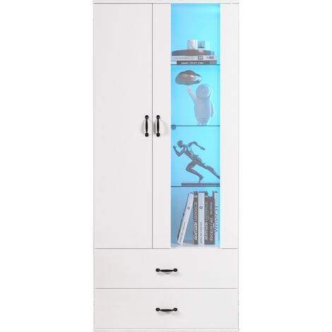 ELVMI Vetrina 2 Ante, 2 Cassetti, 5 Vani, LED, Soggiorno, Pannelli Truciolari, 59.5 x 35 x 182 cm, Bianco (1/5)