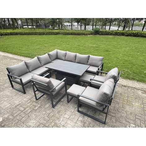 Fimous 11 Piece L-shaped Garden Furniture Set 12-Seater Aluminium Outdoor Dining Set with Adjustable Rising Lifting Dining Table 3 Chairs 2 Small Footstools Dark Grey (1/5)