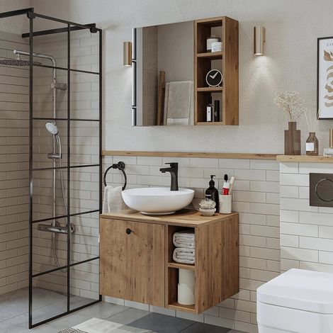 Lotus Bathroom Set of 2, Vanity Unit with Over Counter Wash Basin / Bowl and Mirror Cabinet, 65 cm, Oak Effect (1/4)