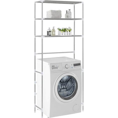 Étagère de rangement au-dessus du lave-linge 3 niveaux – Support salle de bain et buanderie en acier inoxydable argenté 69x28x169 cm (1/5)