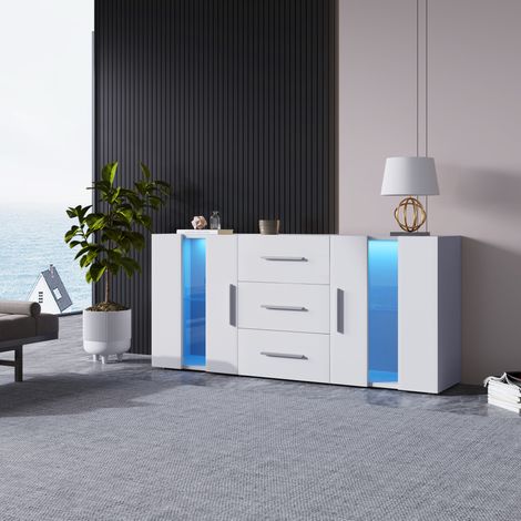 Credenza TV in MDF bianco 140 x 35 x 70 cm con 3 cassetti, 2 ante, 2 ripiani removibili e LED USB (1/5)