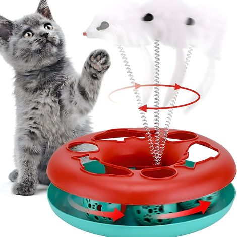 Interactive Cat Toy 2-in-1 Toy with Mouse, Cat Rotating Teaser Feather and Ball (Red) (1/5)