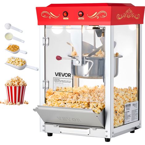 VEVOR Macchina per Popcorn, Bollitore in Acciaio Inox da 0,2 kg, 800 W, 48 Tazze per Dose, Stile Cinema, con Controllo a 2 Pulsanti, con Parete in Vetro, 1 Misurino, 3 Cucchiai, Rosso
