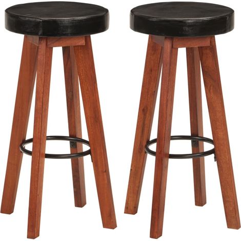 Lot de 2 Tabourets de bar Style Contemporain Chaises de bar Cuir véritable et bois d'acacia solide 98615 (1/5)