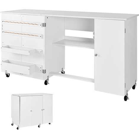 Mophorn Table de couture pliante, meuble polyvalent pour machine à coudre, idéal pour la maison, roulettes, chevilles en bois, espaces de rangement, étagère intégrée et porte magnétique, blanc (1/5)