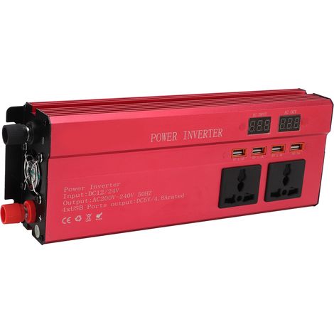 Convertisseur de puissance pour voiture rouge DC 12V/24V vers AC 220V 900W avec affichage LED, 3 prises secteur et 4 ports USB, idéal pour le camping et les voyages. (1/5)