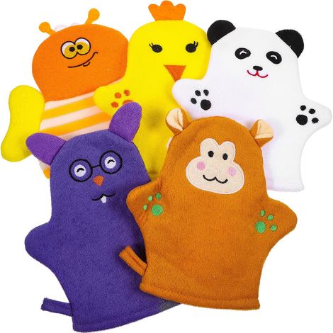 5 Pièces Moufles de Bain pour Bébé en Coton, Serviette de Bain Réutilisable, Forme Fruit, Exfoliation Douce du Corps, pour Garçon et Filles et Bébés Style Plusieurs styles (1/5)