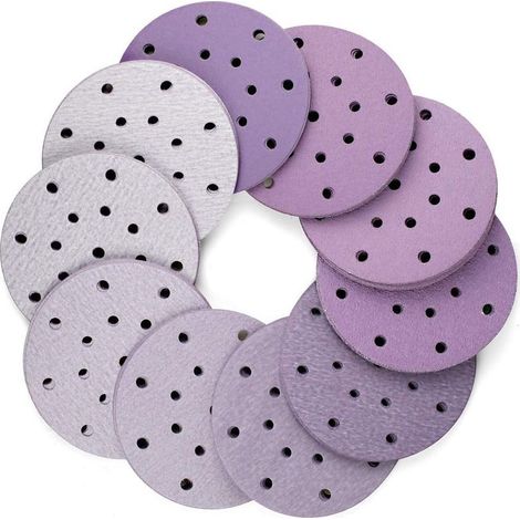 100 dischi abrasivi da 150 mm, grane 60, 80, 120, 150, 180, 240, 320, 400, 600, 800, 17 fori, di lusso, resistenti, eccellenti per levigatura orbitale casuale (viola) (1/5)