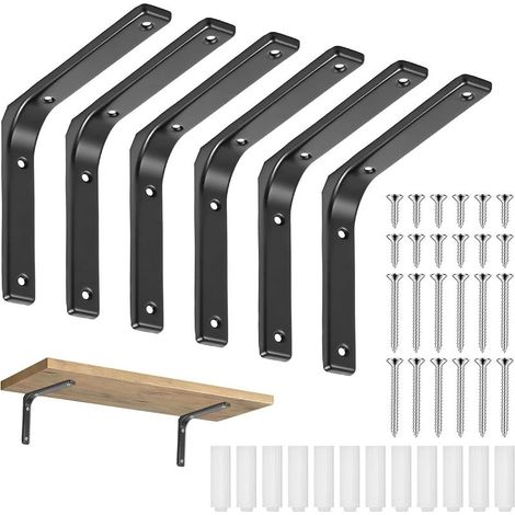 Equerre Etagere Murale, 6 Pièces Équerre Étagère Supports D'étagère, Noir Forme en L Support Etagère Murale avec vis pour Bibliotèque Salon Chambre (150 x 125 mm) (1/5)