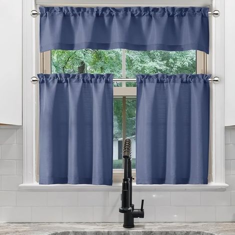 Set di 3 tende da cucina in lino blu, 75x36 cm e 76x114 cm (1/5)