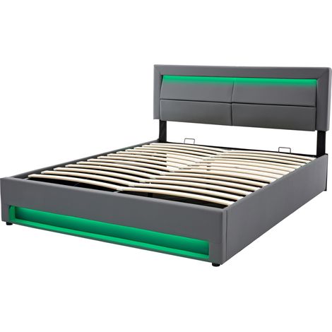 Cama tapizada gris 140 x 190 cm con LED, puerto USB y almacenaje, sin colchón (1/5)