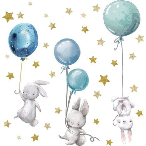 Personalized watercolor animal wall sticker with name. Wall sticker for children's room, baby's room, playroom for girls (rabbit with balloons) (1/5)