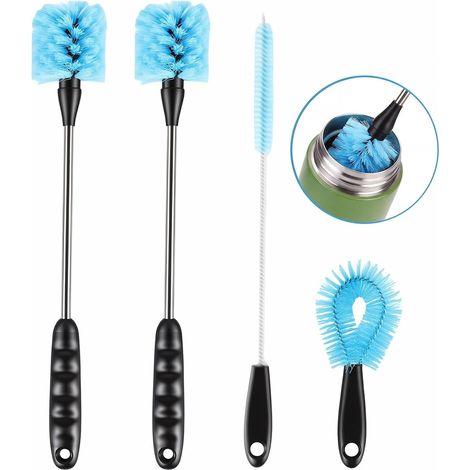 Juego de 4 cepillos largos de 38 cm para limpiar biberones, botellas de agua, jarras, termos y utensilios de cocina (azul). (1/5)