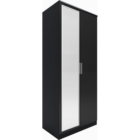 ELEGANT 2 Door Wardrobe Wooden Bedroom Storage Furniture Cupboard Hanging Rail, Clothes storage shelves, Metal Handles (Black) (1/5)
