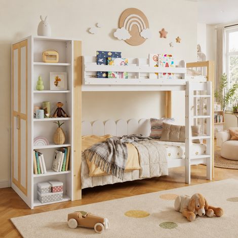 DESMIU Lit superposé enfant 90 × 200 cm avec escalier 4 marches, 6 étagères, dressing latéral, sans matelas (1/5)