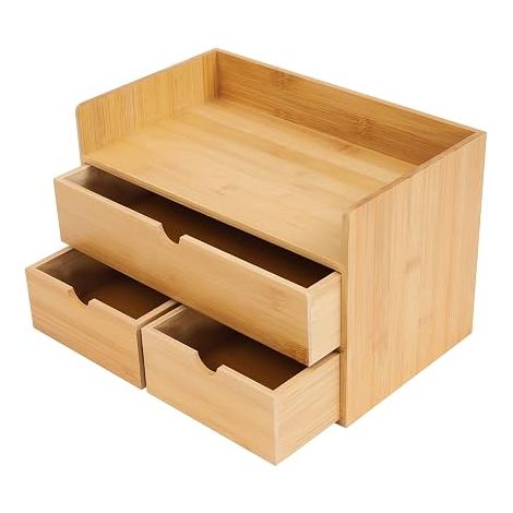 Organiseur de Bureau en Bambou avec Tiroir - Boîte de Bureau en Bambou - Convient pour Ranger Différents Objets du Quotidien dans les Chambres, les Bureaux, etc (3 Tiroirs) - Couleur Bois Brut (1/5)