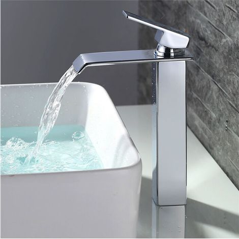 Robinet Salle de Bain Cascade Mitigeur de Lavabo Bec Haut Robinetterie pour Vasque Chromé Design Moderne- (1/4)