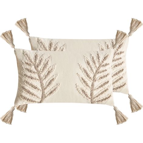 Set of 2 Scatter Cushions Beige Cotton Fabric Floral Pattern 30 x 50 cm Throw Pillow POMETIA