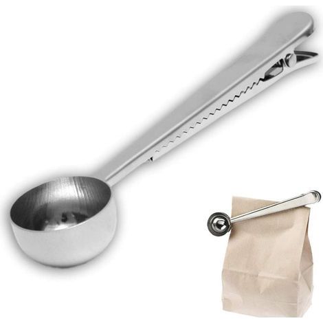 Cuillère à café de 17,8 cm avec pince à sac, mesure de cuillère à café, pour café moulu et grains, acier inoxydable (1/5)