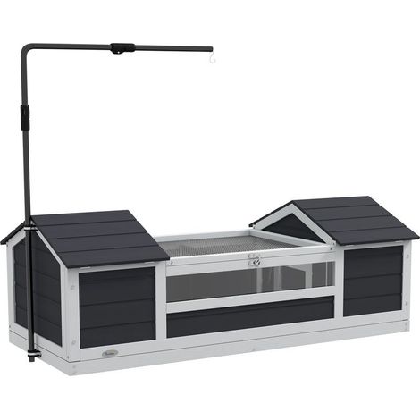 Maison tortue terrestre extérieure enclos tortue 2 niches support de lampe réglable bois massif 120 x 56.5 x 43 cm gris (1/5)