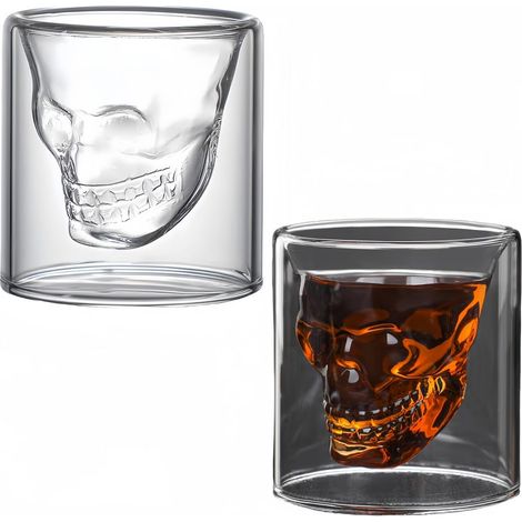 Lot de 2 verres à double paroi avec motif tête de mort - Verre à cocktail créatif pour fête, bar, café (2 pièces, 4 tailles) (250 ml) (1/5)
